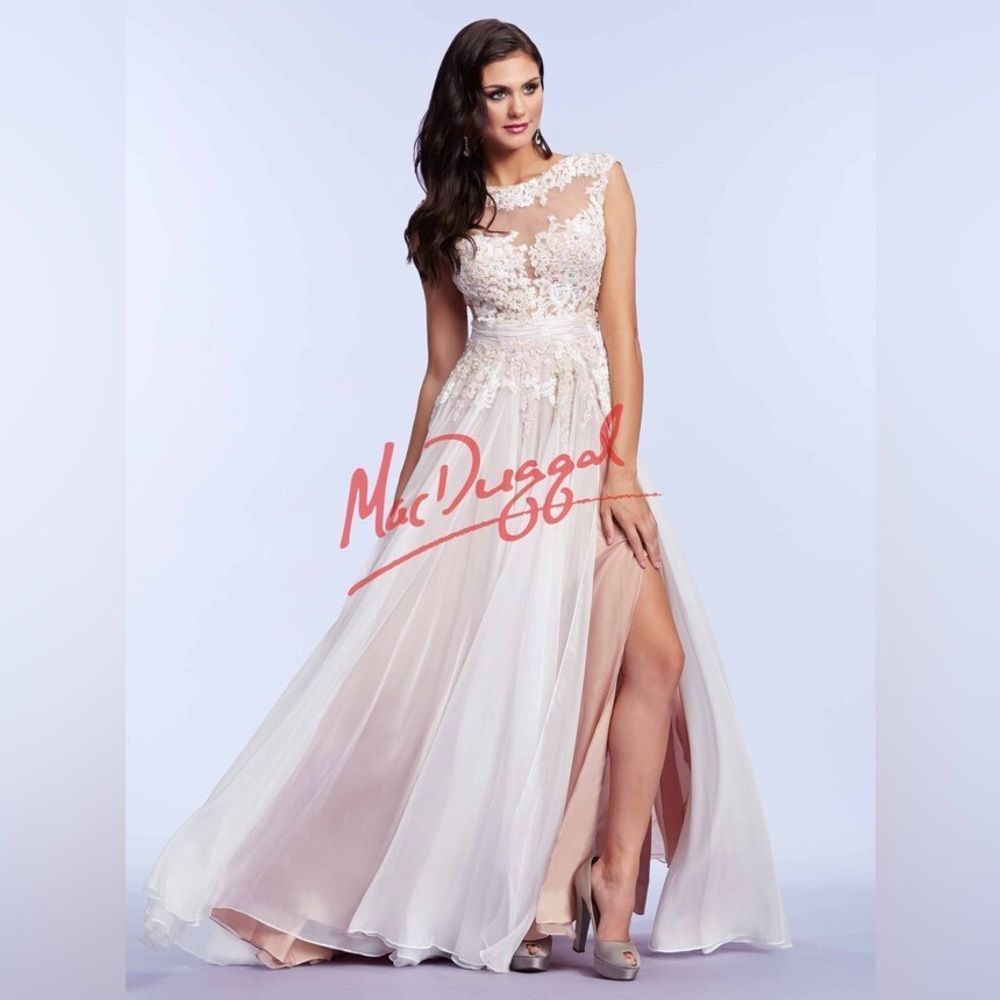 Mac Duggal Floral Lace Chiffon Gown Womens 8 Pink White Illusion Dress Wedding